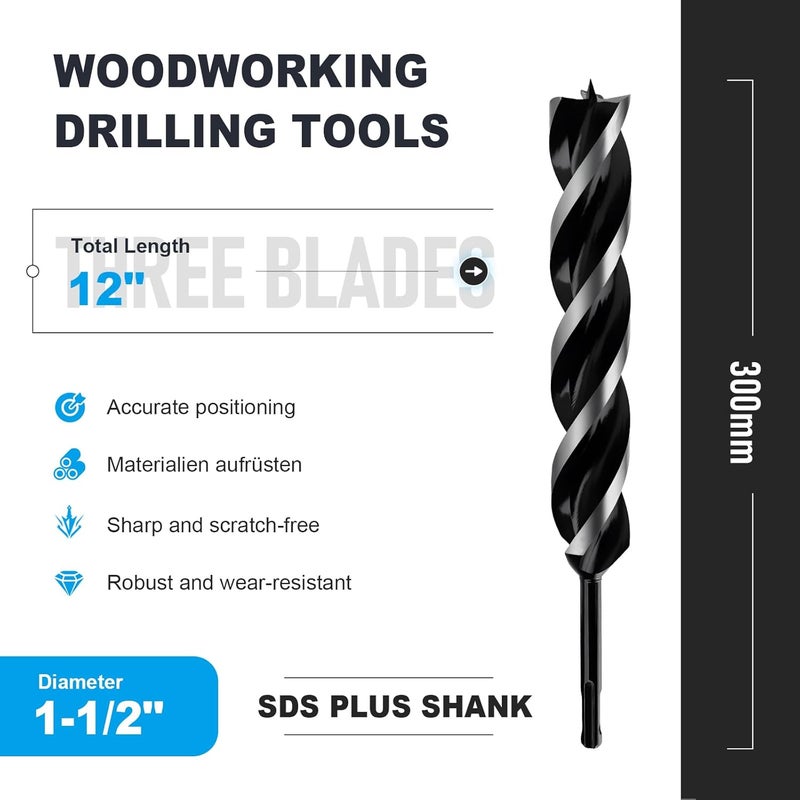 WOBLLMX 1-1/2" x 12" Auger Drill Bit with SDS Plus Shank for Wood,Tri Flute Ship Auger Long Drill Bit for Soft and Hard Wood,Tree Stump,Plastic,Drywall and Composite Materials - Image 2